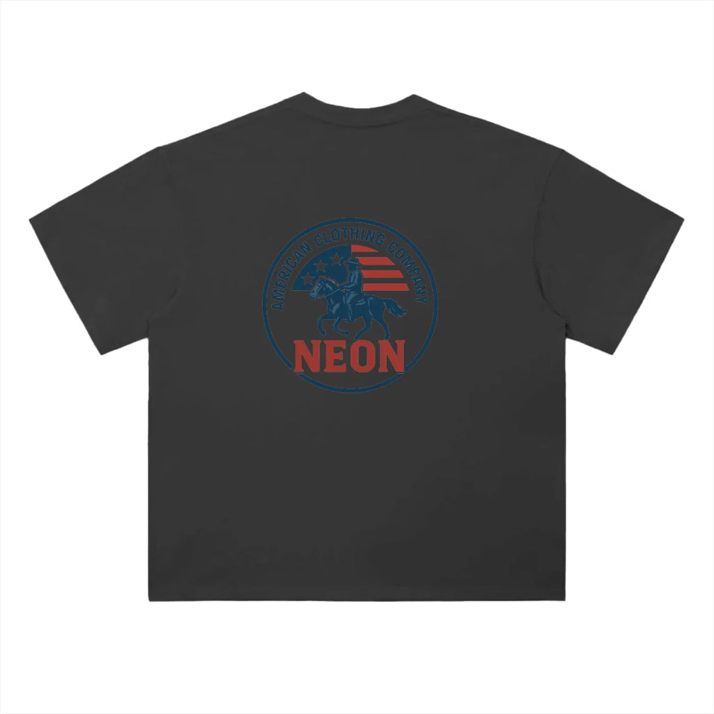 Black t-shirt with round logo, rider on horse, stars, stripes, and 'NEON' text on back