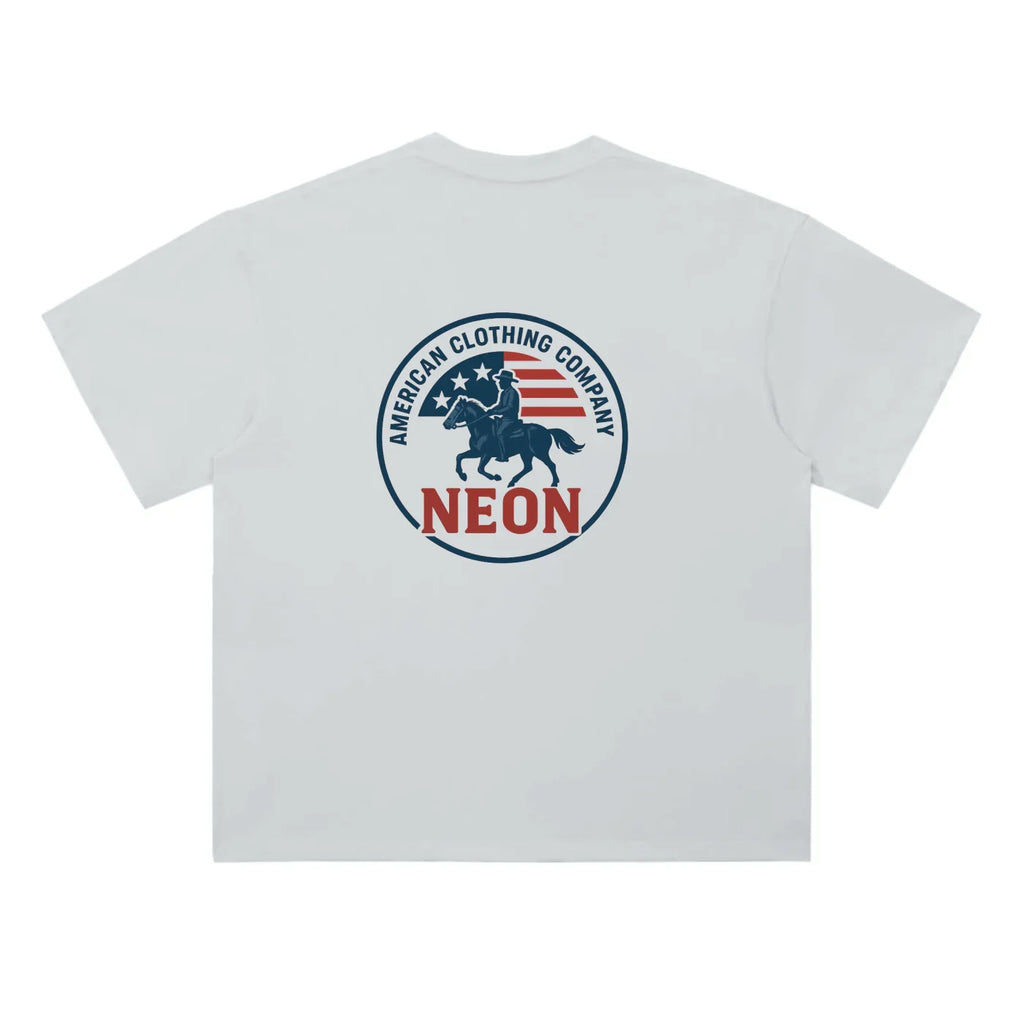 White T-shirt back with NEON American Clothing western cowboy and flag graphic print.