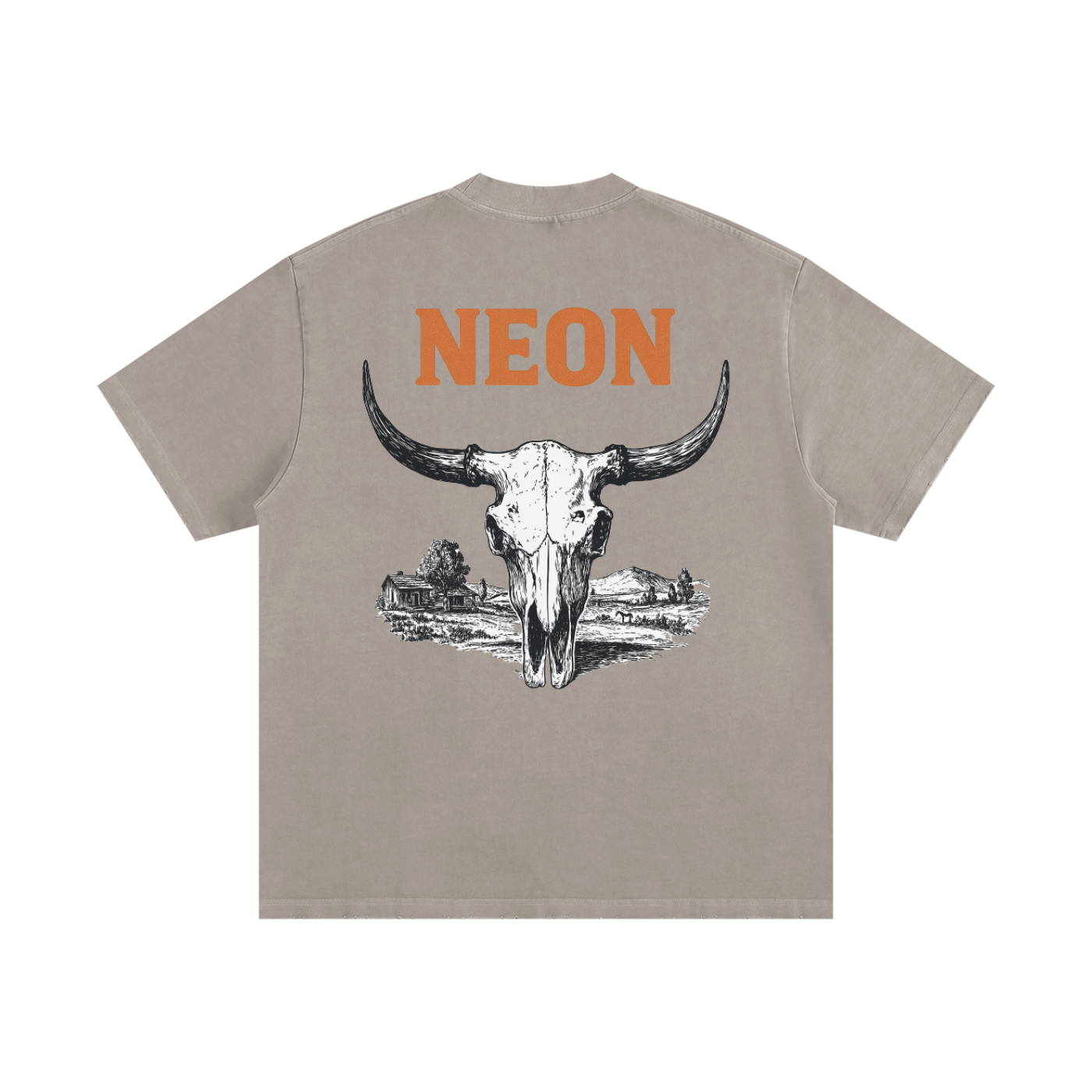 Beige t-shirt with a buffalo skull graphic and 'NEON' text on the back against a white background