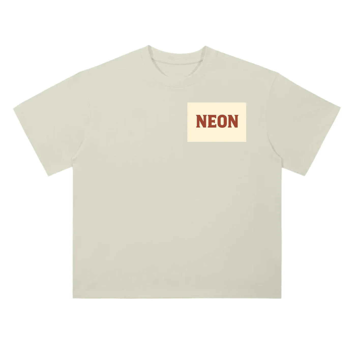 Beige t-shirt with NEON text in bold red on a cream chest patch, modern casual style