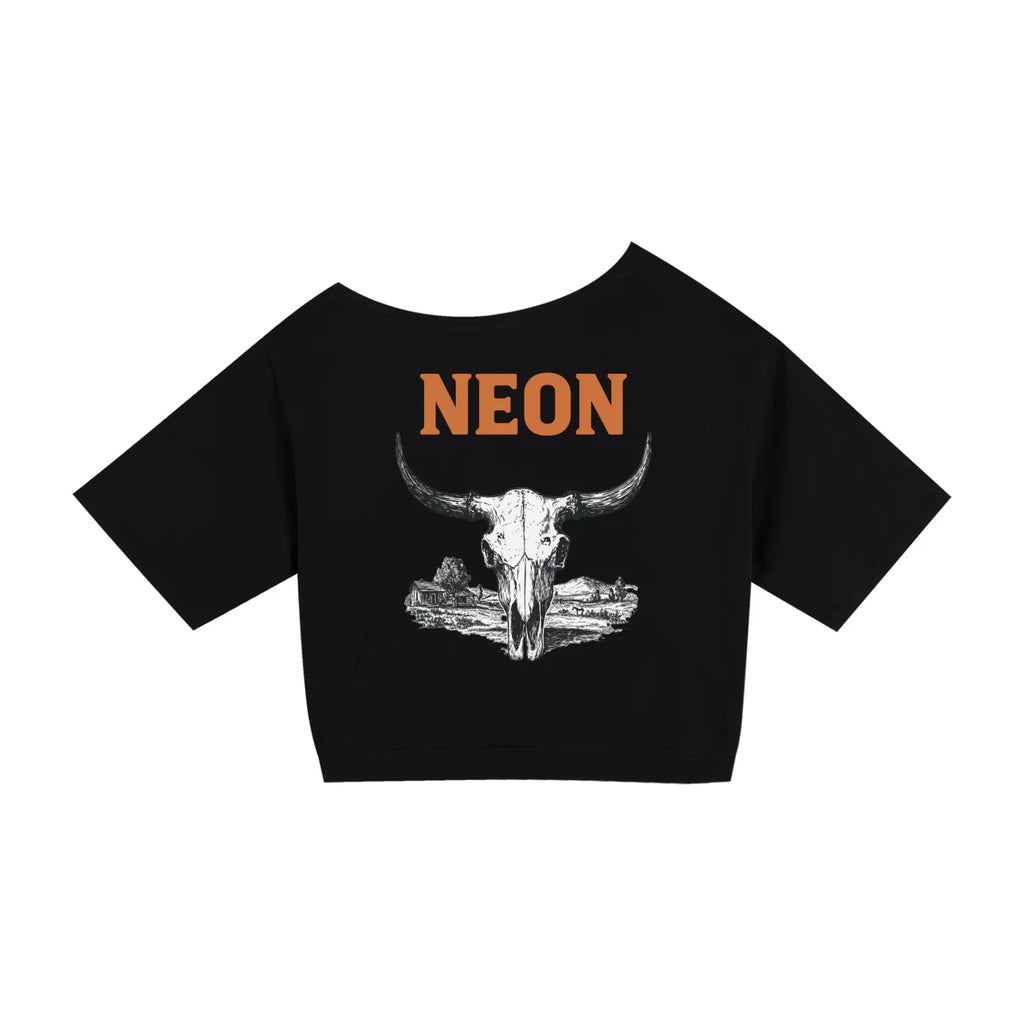Black crop top with NEON text and bull skull western graphic print