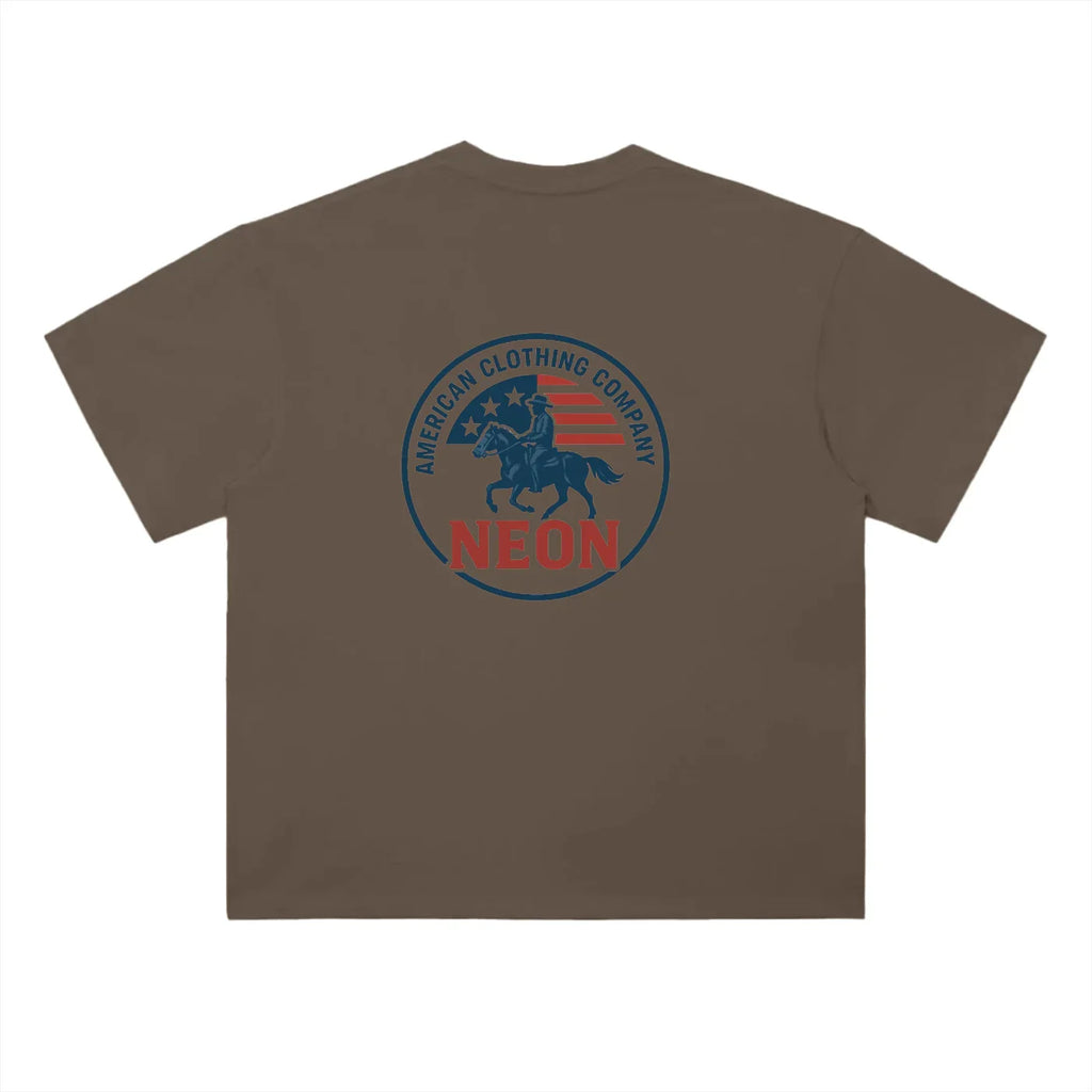 Brown t-shirt with circular cowboy riding horse logo and American flag design on back