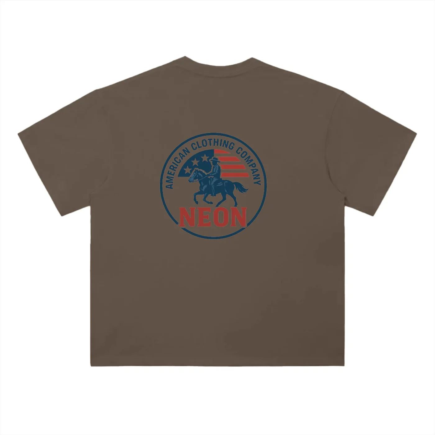Brown t-shirt with circular cowboy riding horse logo and American flag design on back