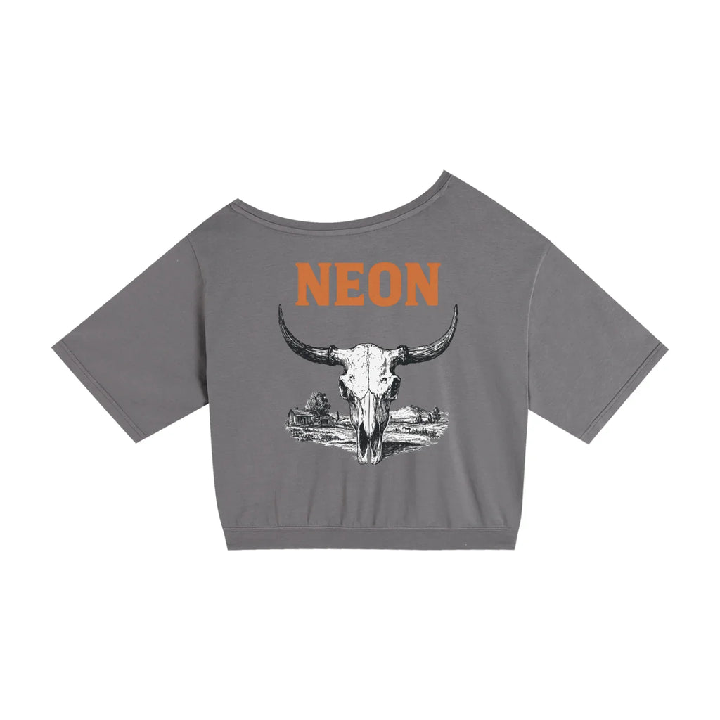 Gray crop top with bold 'NEON' text and a Western bull skull graphic on the front.