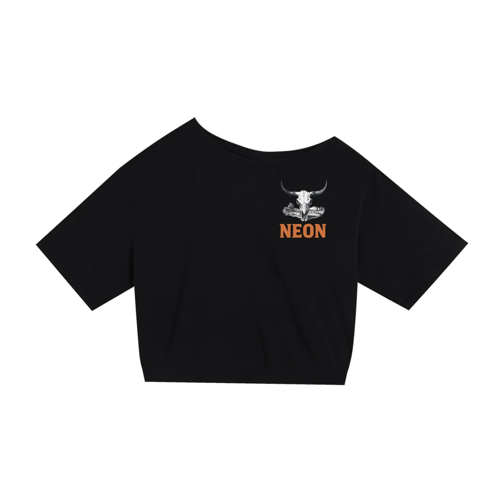 Black crop top with steer skull graphic and NEON text, western modern style shirt