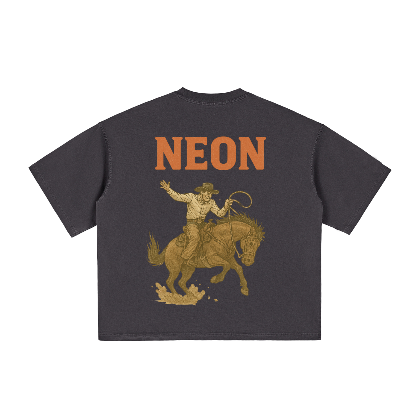 Dark NEON T-shirt wth Rodeo Cowboy print. Vintage washed. NEON Logo in red.