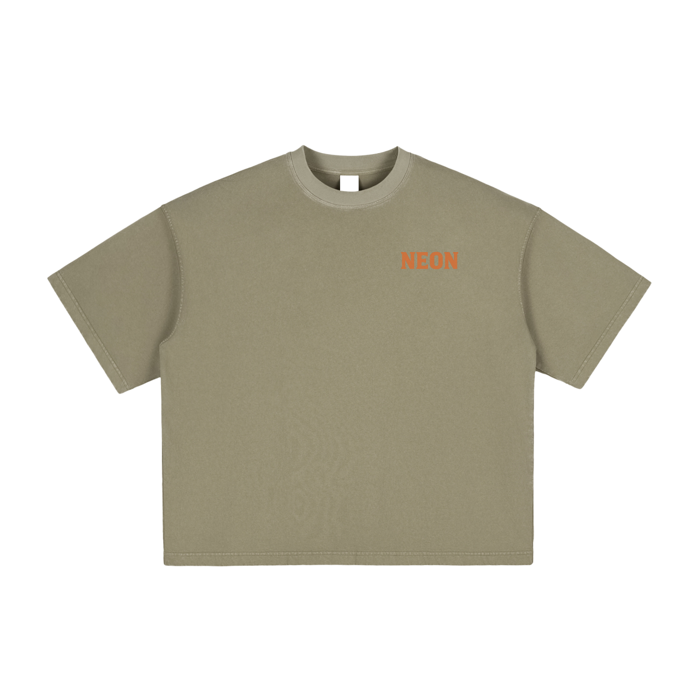 front of green gray tshirt with red NEON logo