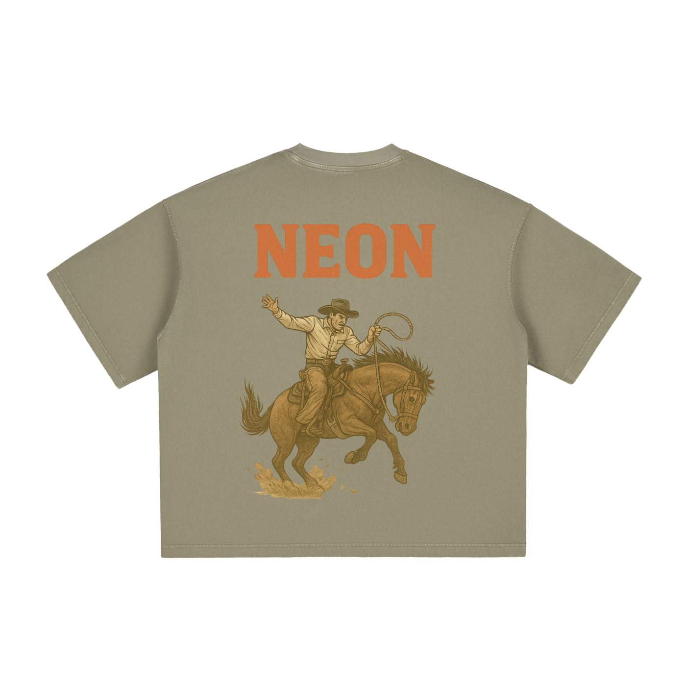 gray neon Tee with horse and rider. 