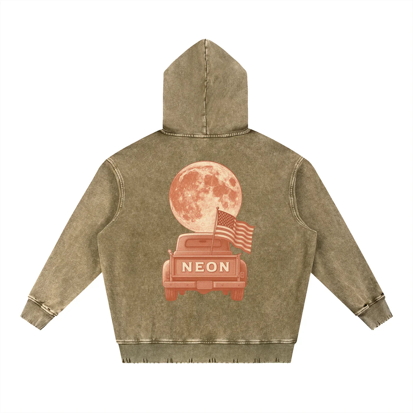 Brown hoodie with a graphic of a truck, American flag, and moon on the back, on a white background. Vintage washed. Neon American clothing. Neon hoodie.