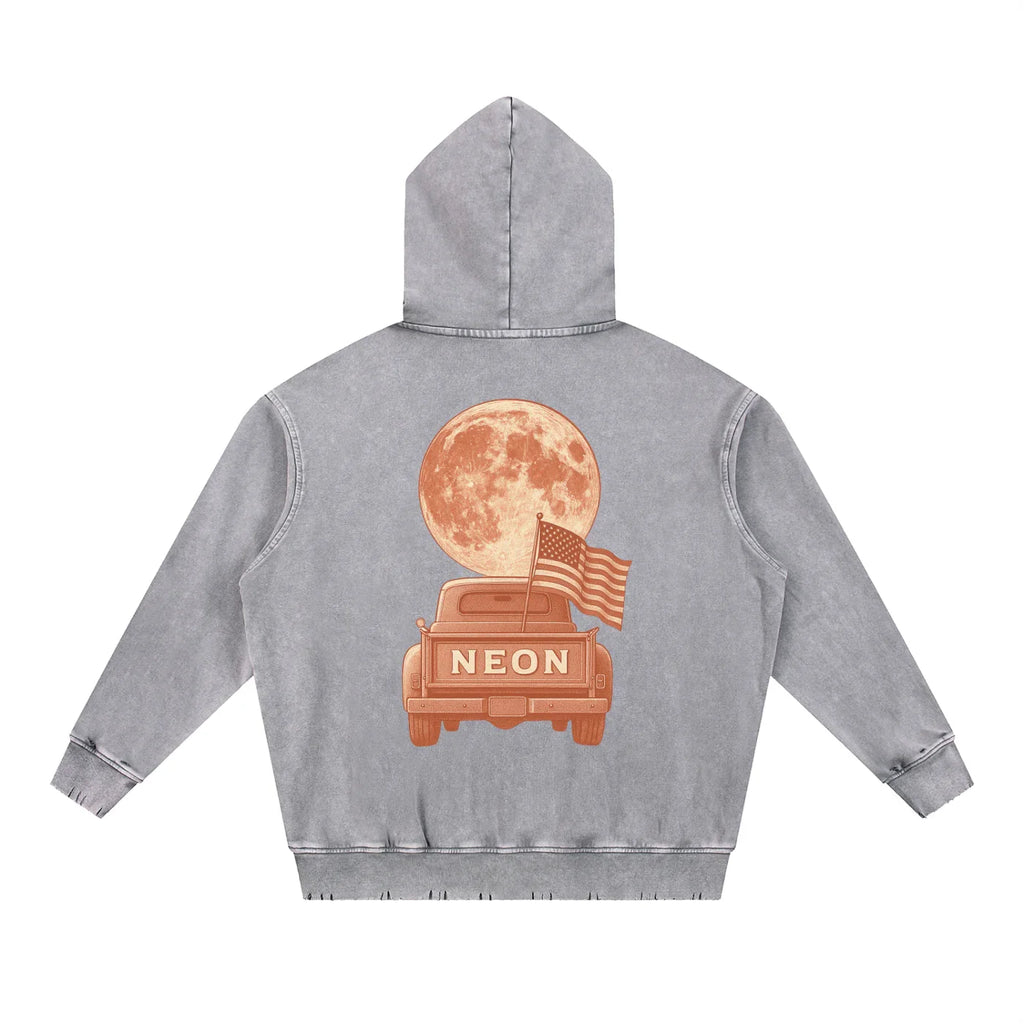 Gray hoodie with a graphic of a moon, flag, and 'NEON' text on the back against a white background.