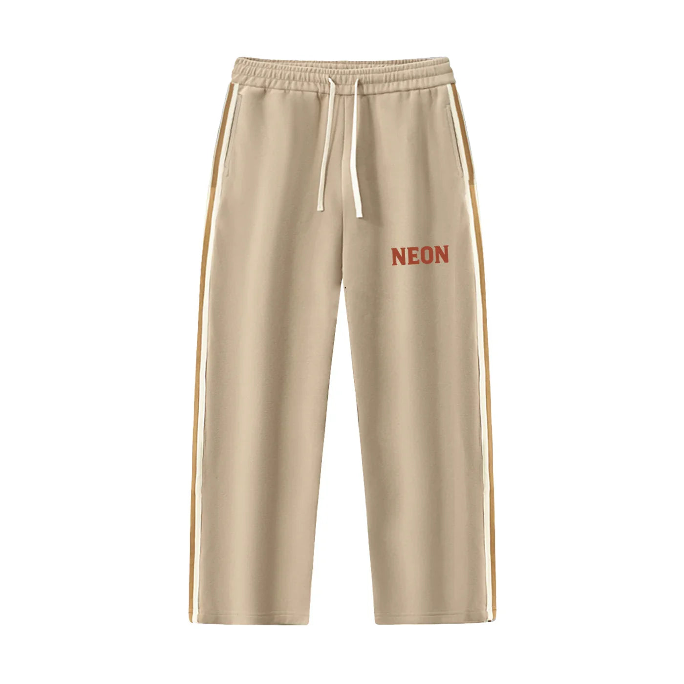 Beige sweatpants with 'NEON' text on a white background