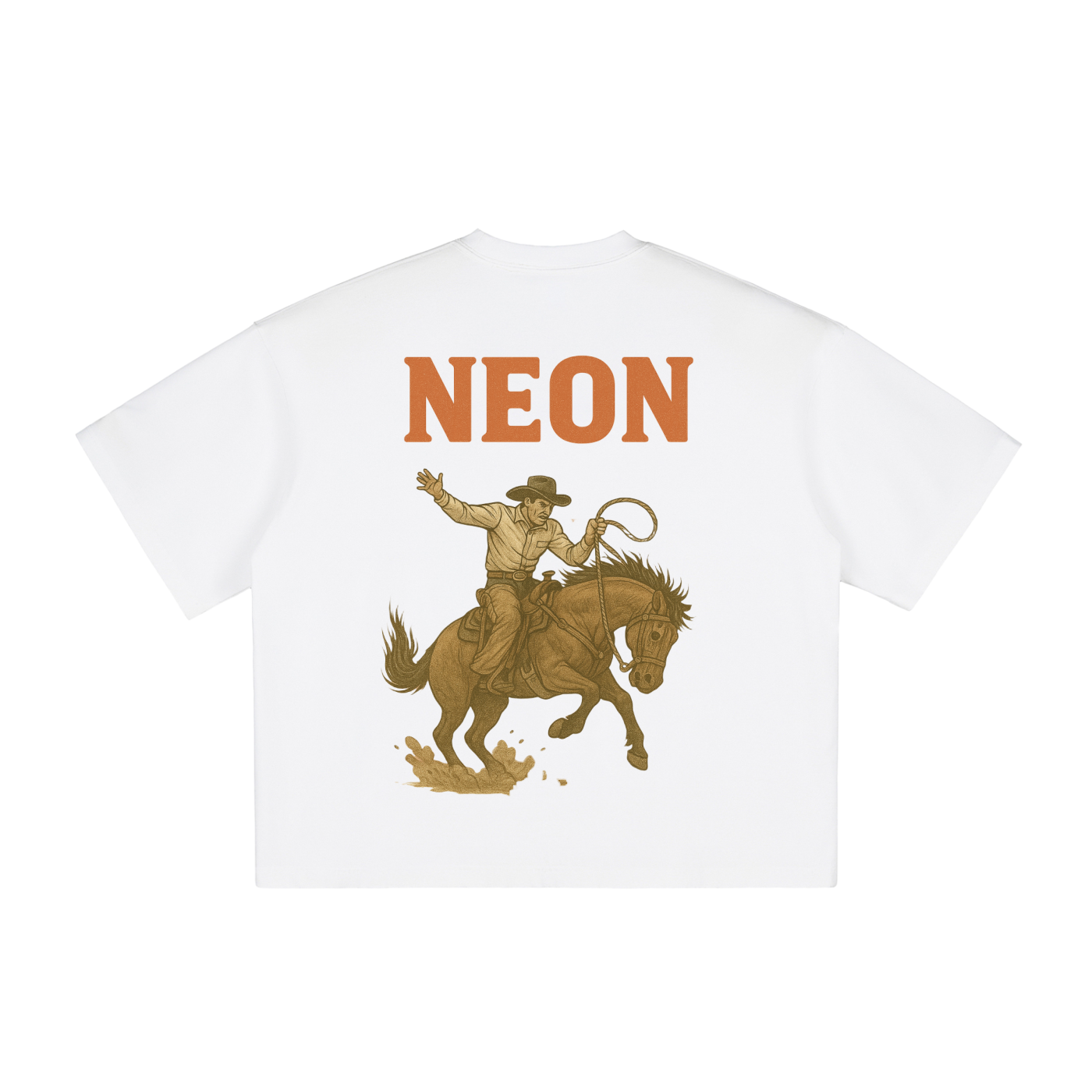 White NEON Tshirt with a cowboy print on reverse showing a horse and NEON logo in red.