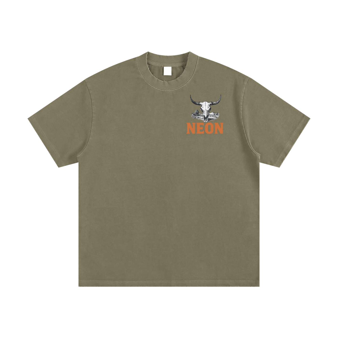 Khaki t-shirt with a logo and 'NEON' text on a white background