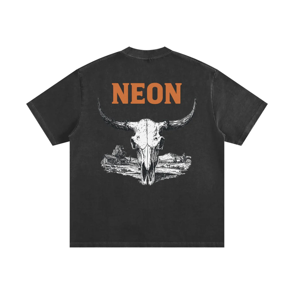 Black t-shirt with a white skull design and 'NEON' text on a white background