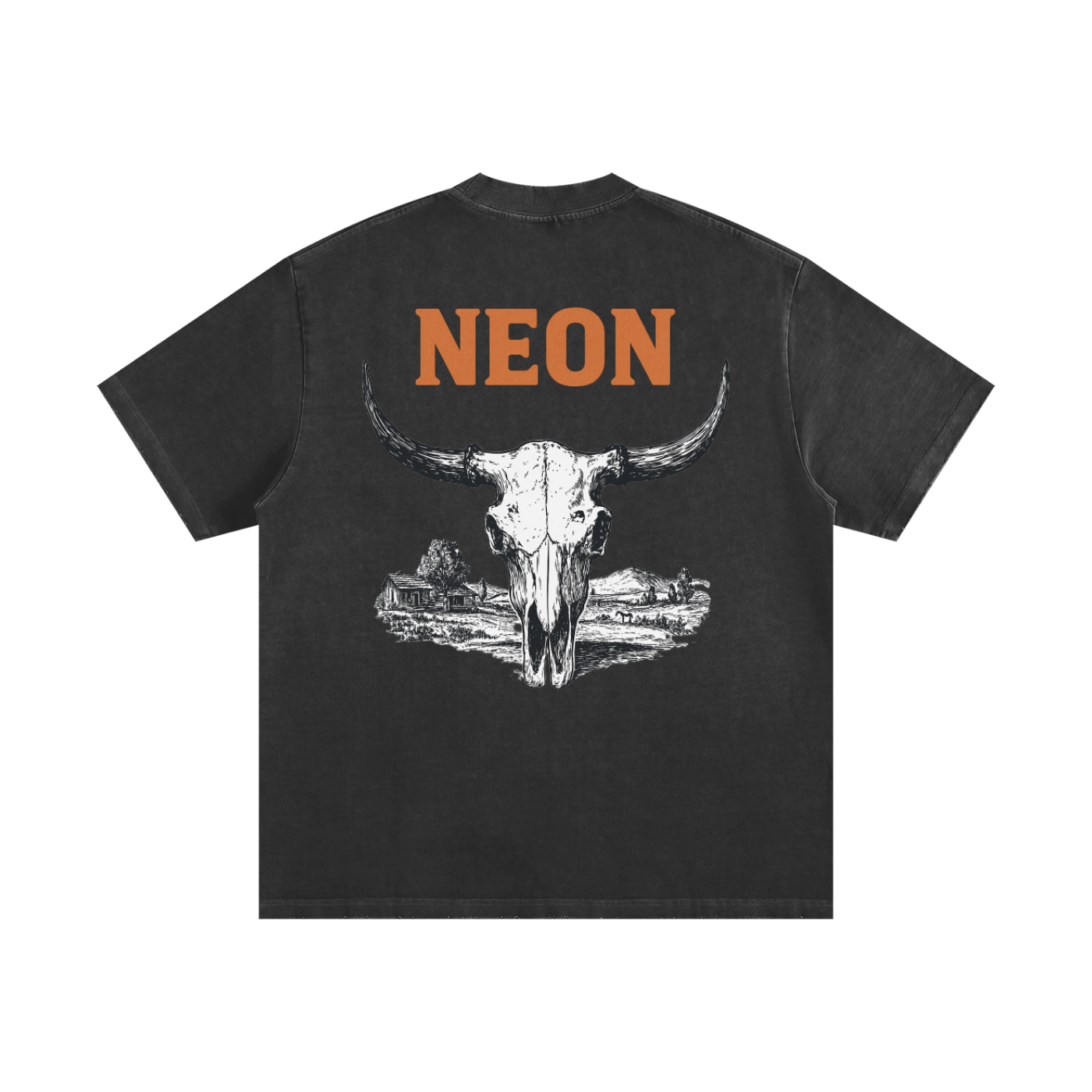 Black t-shirt with a white skull design and 'NEON' text on a white background
