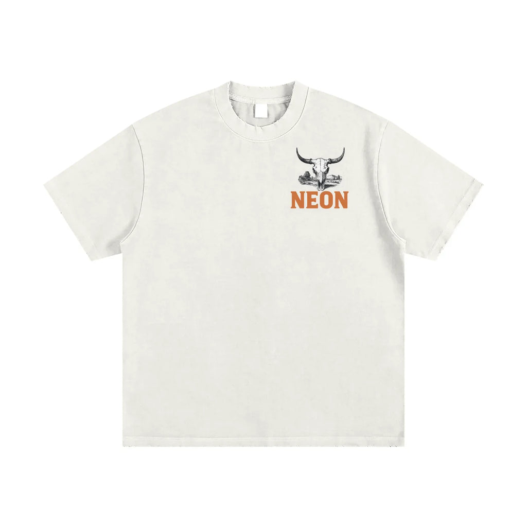 White t-shirt with a buffalo graphic design and 'NEON' text on a white background