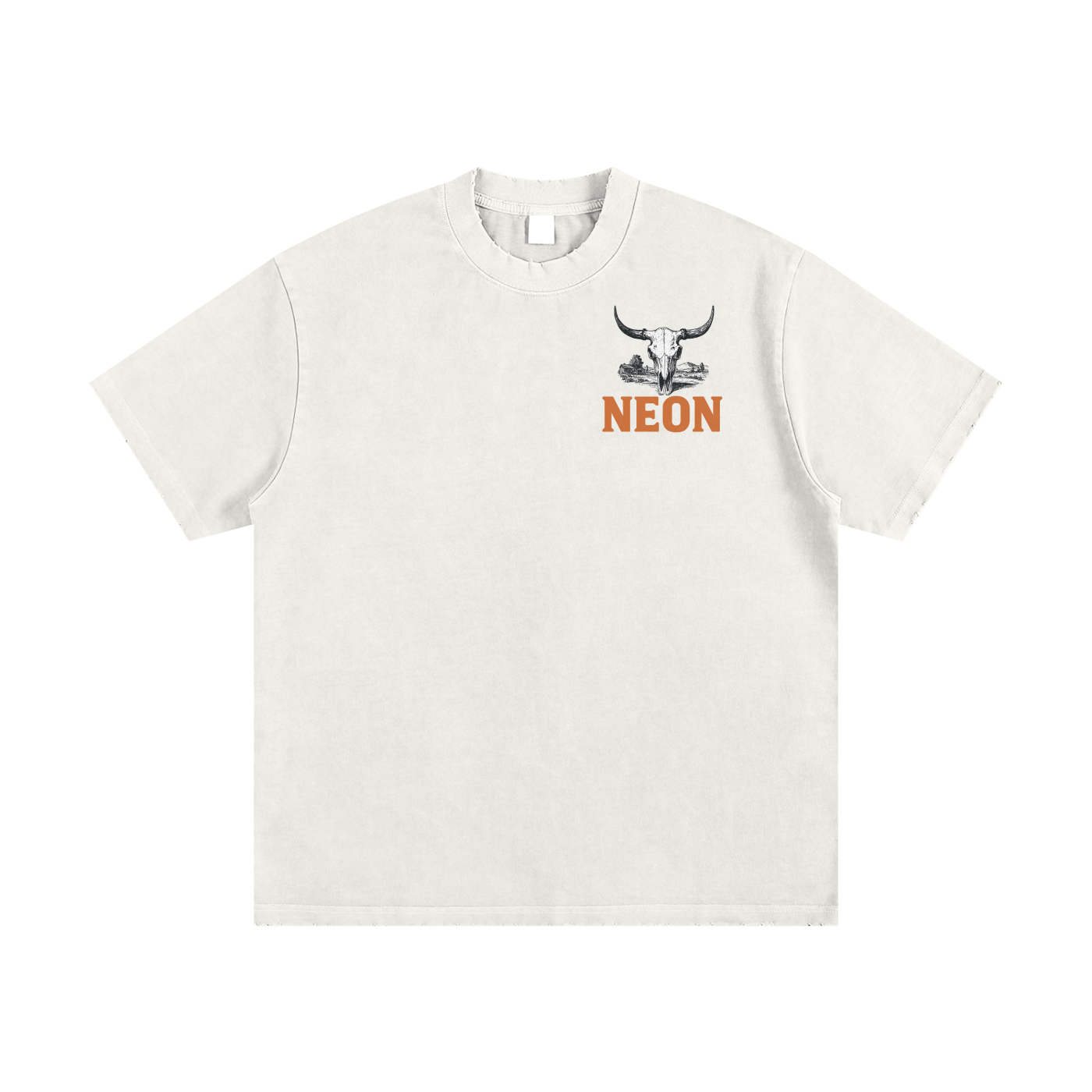 White t-shirt with a buffalo graphic design and 'NEON' text on a white background