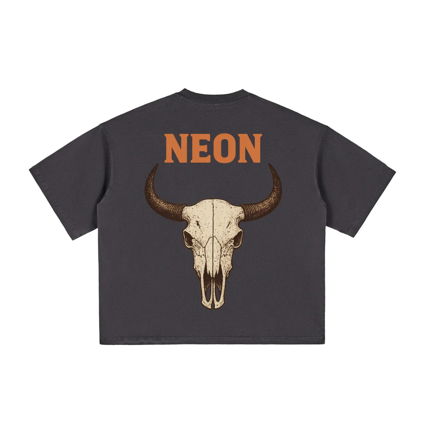 Black t-shirt with a buffalo skull design and 'NEON' text on the back.