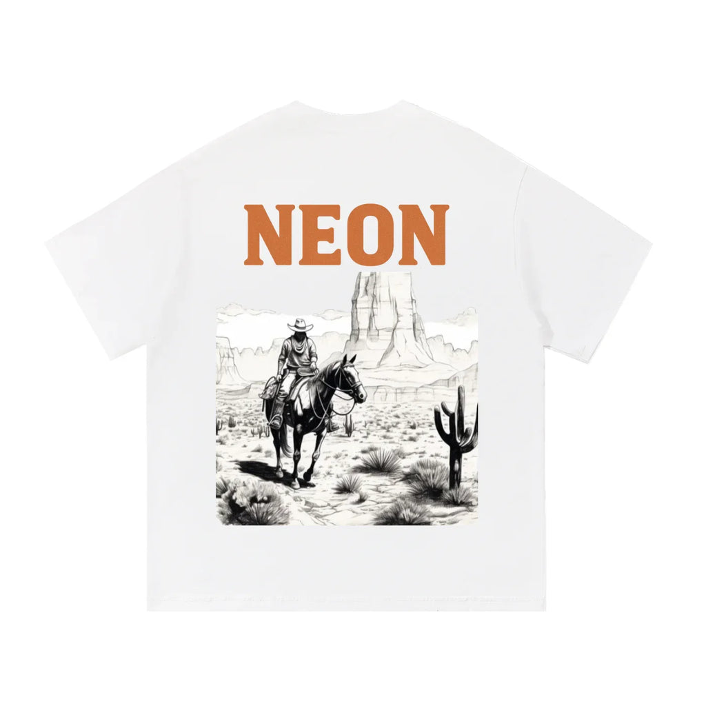White t-shirt with a desert scene and 'NEON' text on a white background