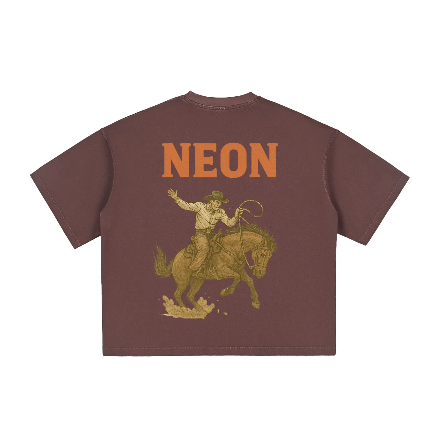 Burgandy red Tshirt by NEON American Clothing showing a horse and cowboy print. NEON bold logo.