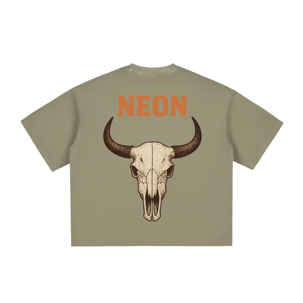 Beige t-shirt with a buffalo skull design and 'NEON' text