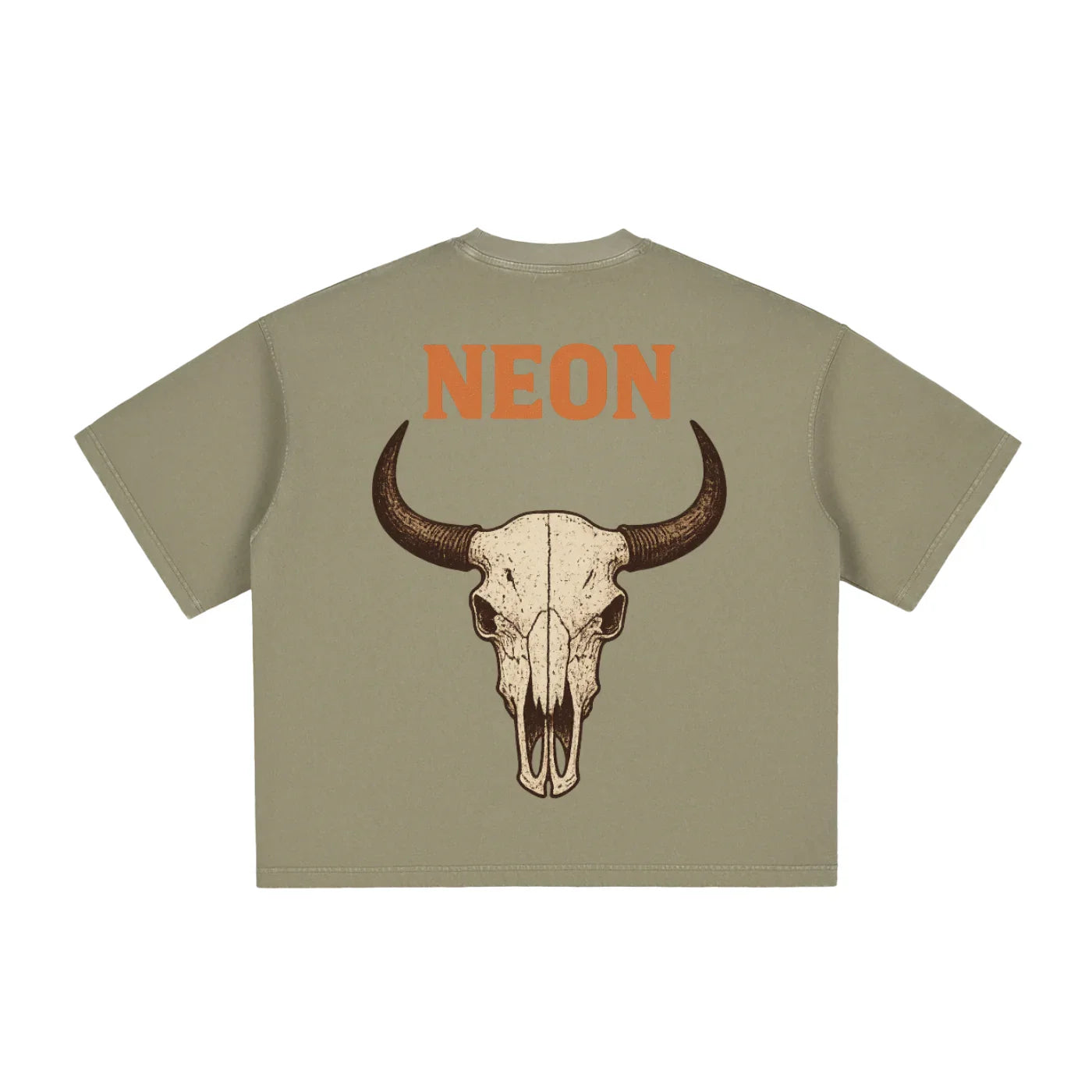 Beige t-shirt with a buffalo skull design and 'NEON' text