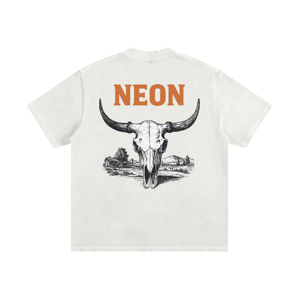 White t-shirt with a buffalo skull graphic and 'NEON' text on the back against a white background