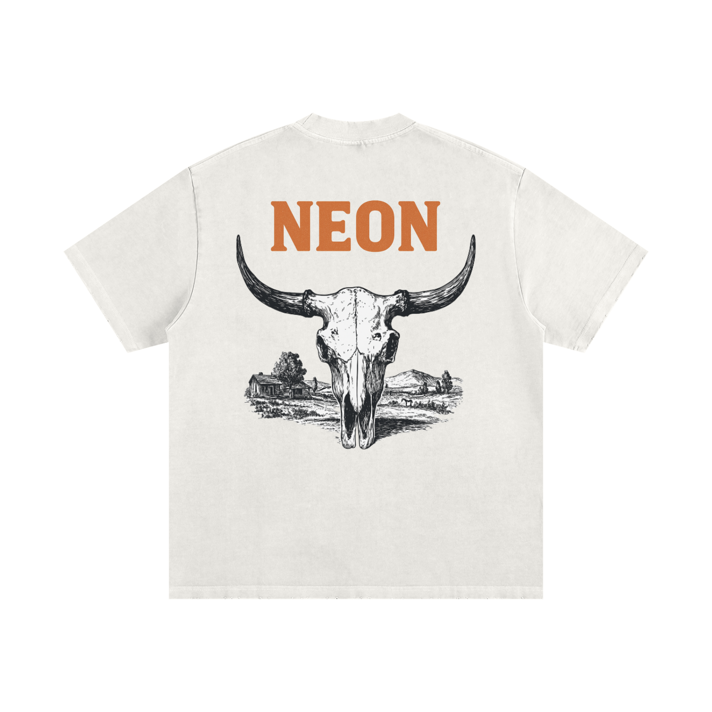 White t-shirt with a buffalo skull graphic and 'NEON' text on the back against a white background